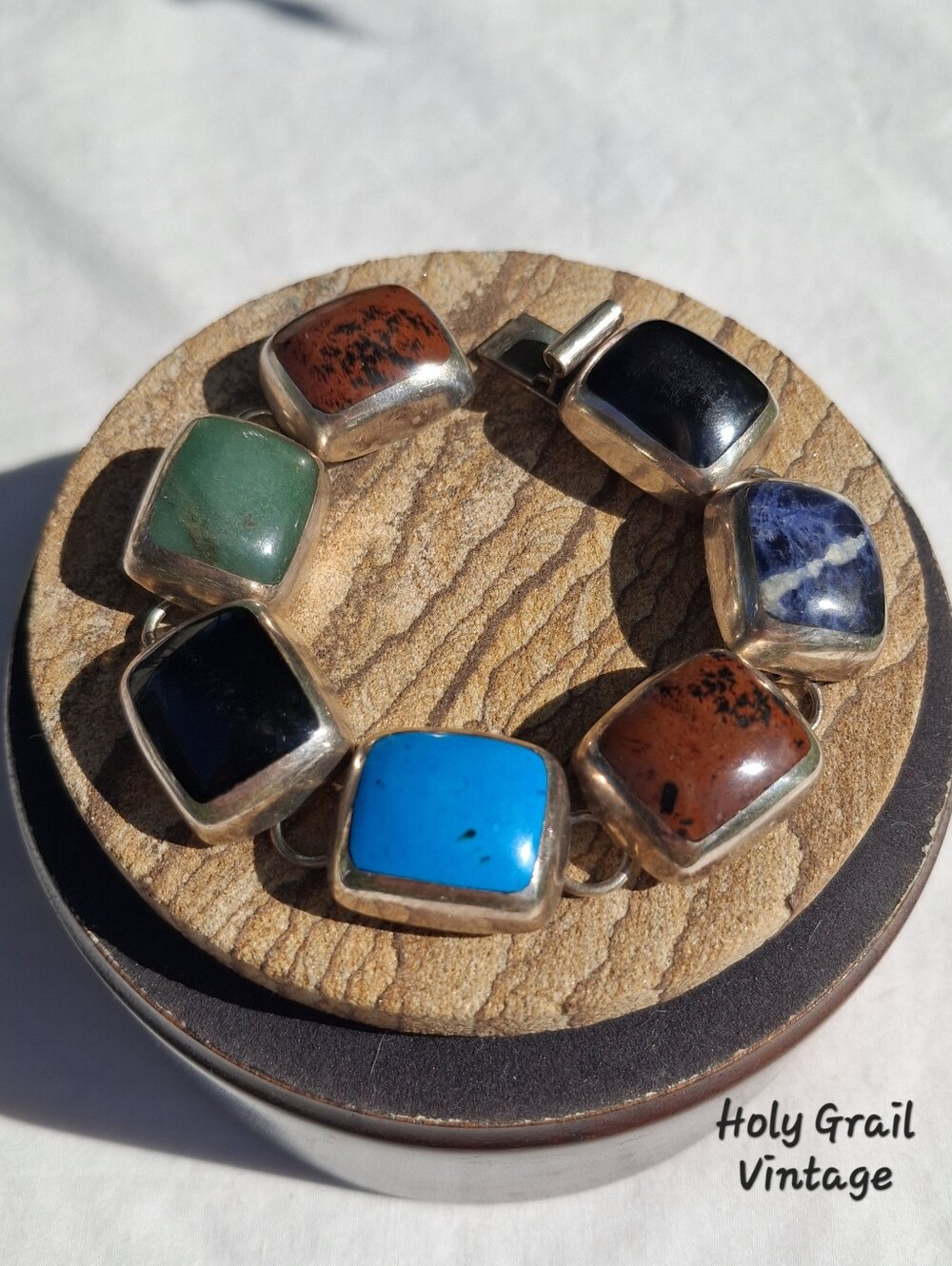 Vintage Stamped Taxco 925 Sterling Silver Multi-Gemstone Inlay Link Bracelet